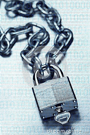 Digital security and encryption concept showing binary code overlaid on chain with steel padlock and key on scratched steel Stock Photo