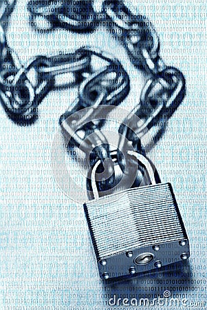 Binary code overlaid on chain and padlock; digital security and encryption Stock Photo