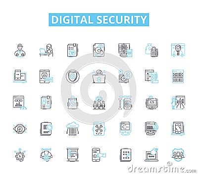 Digital security linear icons set. Encryption, Firewall, Malware, Password, Antivirus, Cybercrime, Hackers line vector Vector Illustration