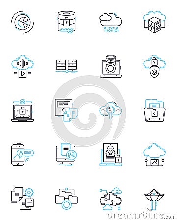 Digital security linear icons set. Encryption, Passwords, Vulnerabilities, Hackers, Malware, Firewall, Phishing line Vector Illustration
