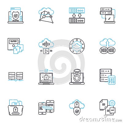 Digital security linear icons set. Encryption, Passwords, Vulnerabilities, Hackers, Malware, Firewall, Phishing line Vector Illustration