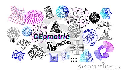 Digital shapes. Abstract cyberpunk graphic elements. Flowing down textures and glitch effect. Grid or geometric forms Vector Illustration