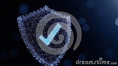 Digital shield design with glowing checkmark. Represents secure tech service. Modern icon shows data protection concept. Cyber Cartoon Illustration