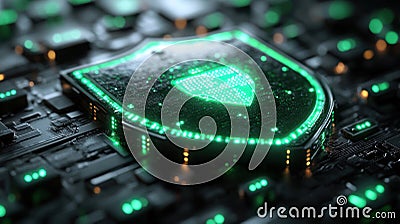 Digital shield glowing green amidst circuit board representing cybersecurity protection and data encryption Stock Photo