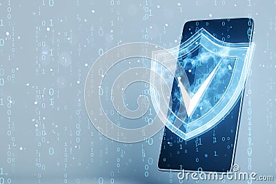 Digital shield icon with check mark on smartphone screen surrounded by binary code on blue background Stock Photo