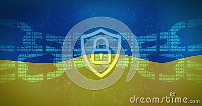 Digital shield and lock icons denote security amid binary codes and graphs Stock Photo