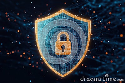 Digital shield protects data. Cybersecurity tech secures network. Firewall safeguards private info. Generative AI generates Stock Photo