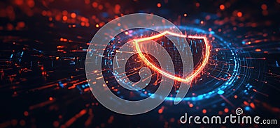 Digital shield symbolizing cybersecurity with glowing particles and data streams, copy space for text Stock Photo