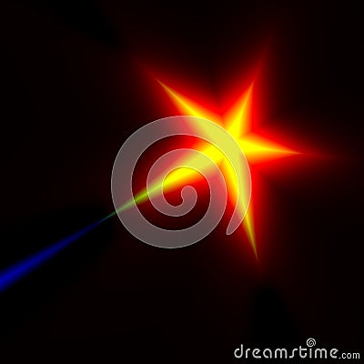 Digital shooting star fantasy. Night sky stars. Heat rays. Prize win. Lens glitz. Five star rating. Warm color. Magic comet. Stock Photo