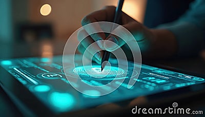 Digital signature executed with pen on tablet screen. Data encryption, biometric identification tech. Agreements process, secure Stock Photo