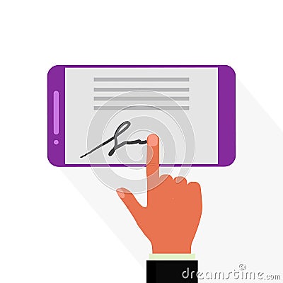 Digital signature on mobile phone. Man signing electronic document with finger on device. Cartoon Illustration