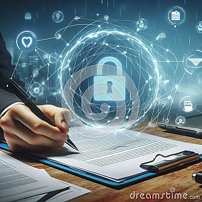 Digital Signatures Floating digital signatures connected to docu Stock Photo