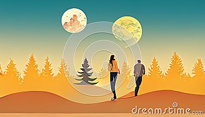 Digital simple abstract illustration of a couple walking in a park under the moon Cartoon Illustration