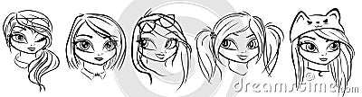 Digital sketches of five different young women heads for colouring books. Vector Illustration