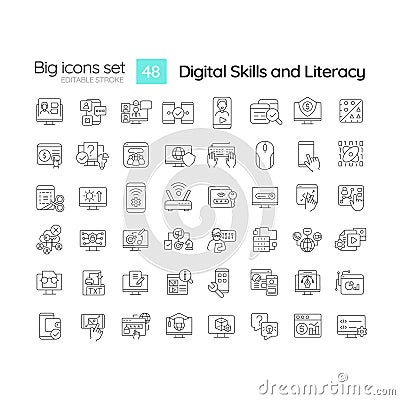 Digital skills and literacy linear icons set Vector Illustration