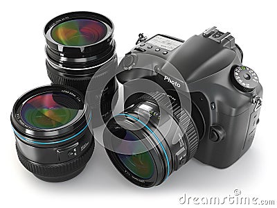 Digital slr camera with lens. Photography equipment. Stock Photo