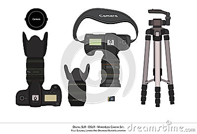 Digital SLR - DSLR and Mirrorless Camera Set Vector Illustration - Top View Camera Parts for Design Projects Vector Illustration