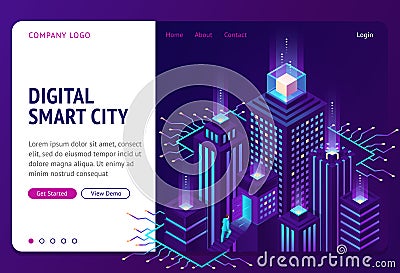 Digital smart city isometric landing page banner Vector Illustration