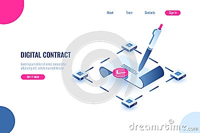 Digital smart contract, isometric icon concept of electronic signature, blockchain technology crypto, paper receipt of Vector Illustration