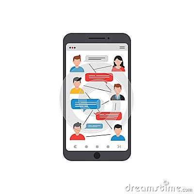 Digital smartphone displaying conversation between multiple users with chat bubbles Vector Illustration