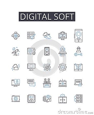 Digital soft line icons collection. Electronic silky, Virtual smooth, Computerized gentle, Online malleable, Cyber Vector Illustration