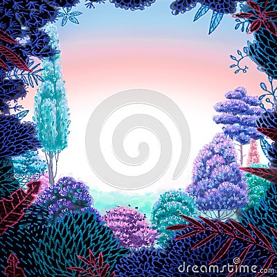 Digital square illustration of the floral border and spring landscape with unusual colours Cartoon Illustration