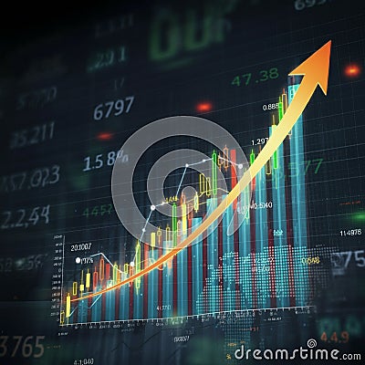 A digital stock market interface displaying various data metrics. A prominent upward- Stock Photo
