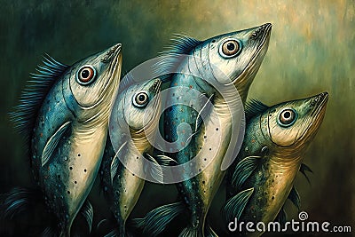 Digital surreal painting of cute comic fishes, mackerels with big eyes Stock Photo