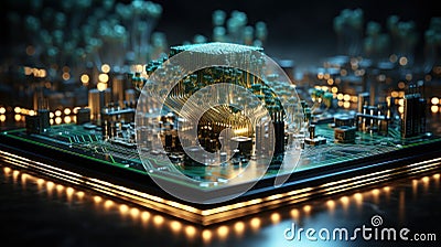 Digital Synapses: AI Microchip Integration in the 2D Brain Stock Photo