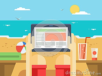 Digital tablet on beach Vector Illustration