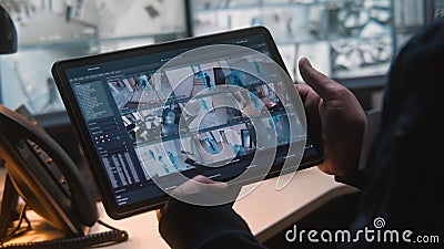Digital tablet with CCTV cameras playback Stock Photo