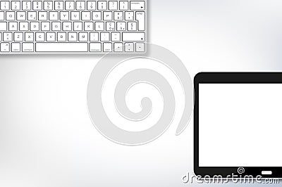 DIGITAL TABLET AND COMPUTER KEYBOARD CONCEPT - 3D render with copy space Stock Photo