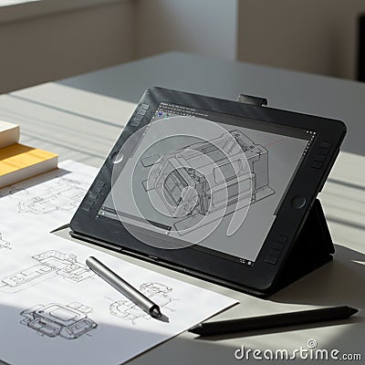 A digital tablet displays a 3D model of a mechanical object, likely in a design software interface Stock Photo