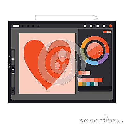 Digital tablet, graphic editor interface with drawing, palette and color wheel, cartoon style. Art supplies. Trendy Vector Illustration