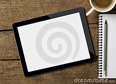 Digital tablet, notebook and coffee Stock Photo