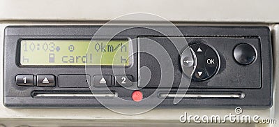 Digital tachograph display reads CARD . No inserted card in the device. Insert the drivers card. No personal data Stock Photo