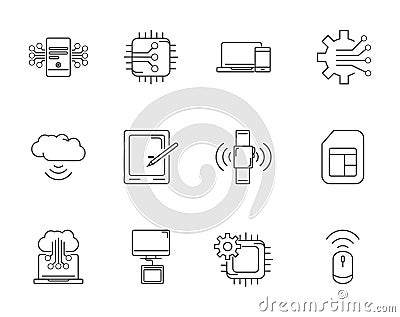 Digital tech circuit board icons set line Vector Illustration