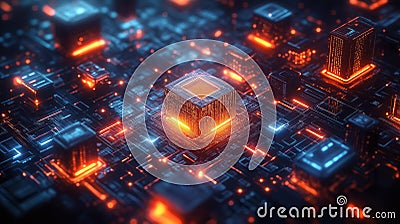 Digital tech illustration shows tech circuit board with glowing components. AI application development, digital transformation Cartoon Illustration