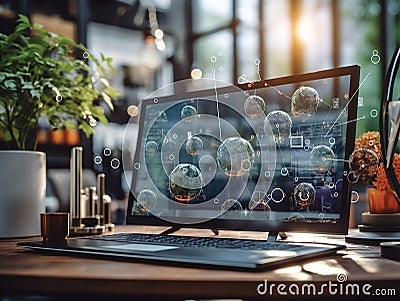 Digital technologies, security sms system, databases on laptop monitor. AI generated Stock Photo