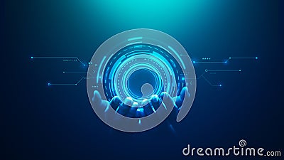 Digital technology artificial intelligence hud computer interface concept tech hand control network science future connection data Stock Photo