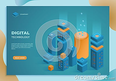 Digital Technology Concept. Big data visualization, business analysis, cloud storage database, global transferring technology. Vector Illustration