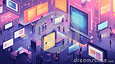 Digital technology concept with diverse people interacting with various screens and interfaces. Abstract and colorful isometric Stock Photo