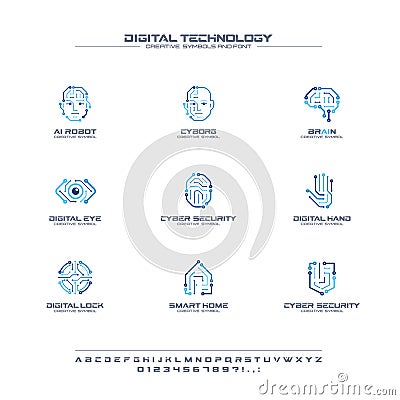 Digital technology creative symbols set, font concept. AI circuit brain abstract business logo. Cyborg face, head, smart Vector Illustration