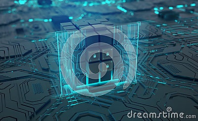 Digital technology and data security. Computer circuit and quantum processor concept Cartoon Illustration