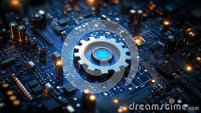 Digital technology and engineering, combined with mechanisms of cogs and gear wheels, create an abstract technical Stock Photo