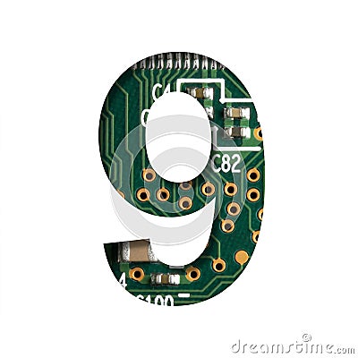 Digital technology font. Digit nine, 9 cut out of white on the printed digital circuit board with microprocessors and Stock Photo