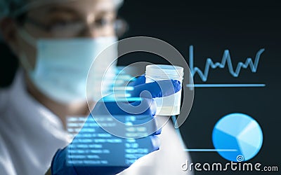 Digital technology in health care. Doctor or scientist in lab, clinic or hospital. Information and statistics in virtual hologram. Stock Photo