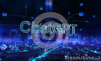 ChatGPT - businessman working and touching with augmented virtual reality at night office. Editorial Stock Photo