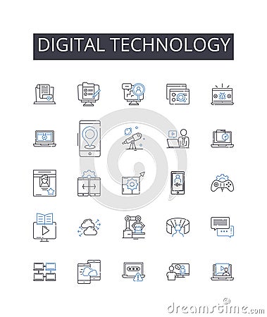 Digital technology line icons collection. Computer science, Internet technology, Telecommunication systems, Portable Vector Illustration