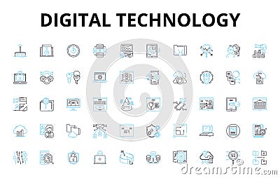 Digital technology linear icons set. Internet, Social Media, Cloud, Big Data, Analytics, Automation, Robotics vector Vector Illustration